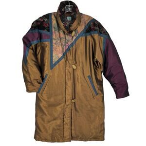 Vintage 90s Cyclone Down Midi Jacket Womens 12 Floral Velvet Accent Puffer
